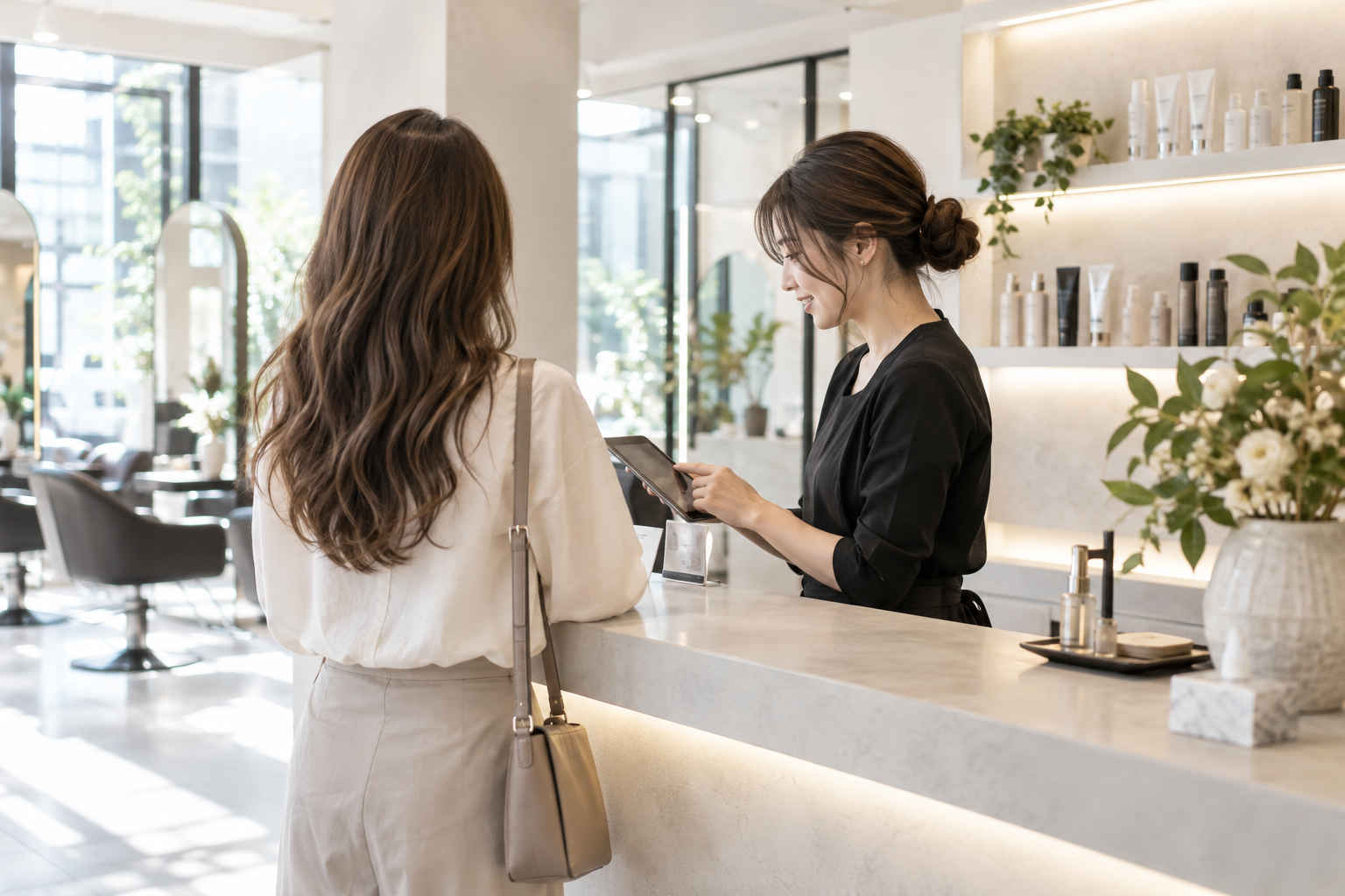 明るい美容院の受付で、タブレットを使ってお客様をご案内するスタッフ